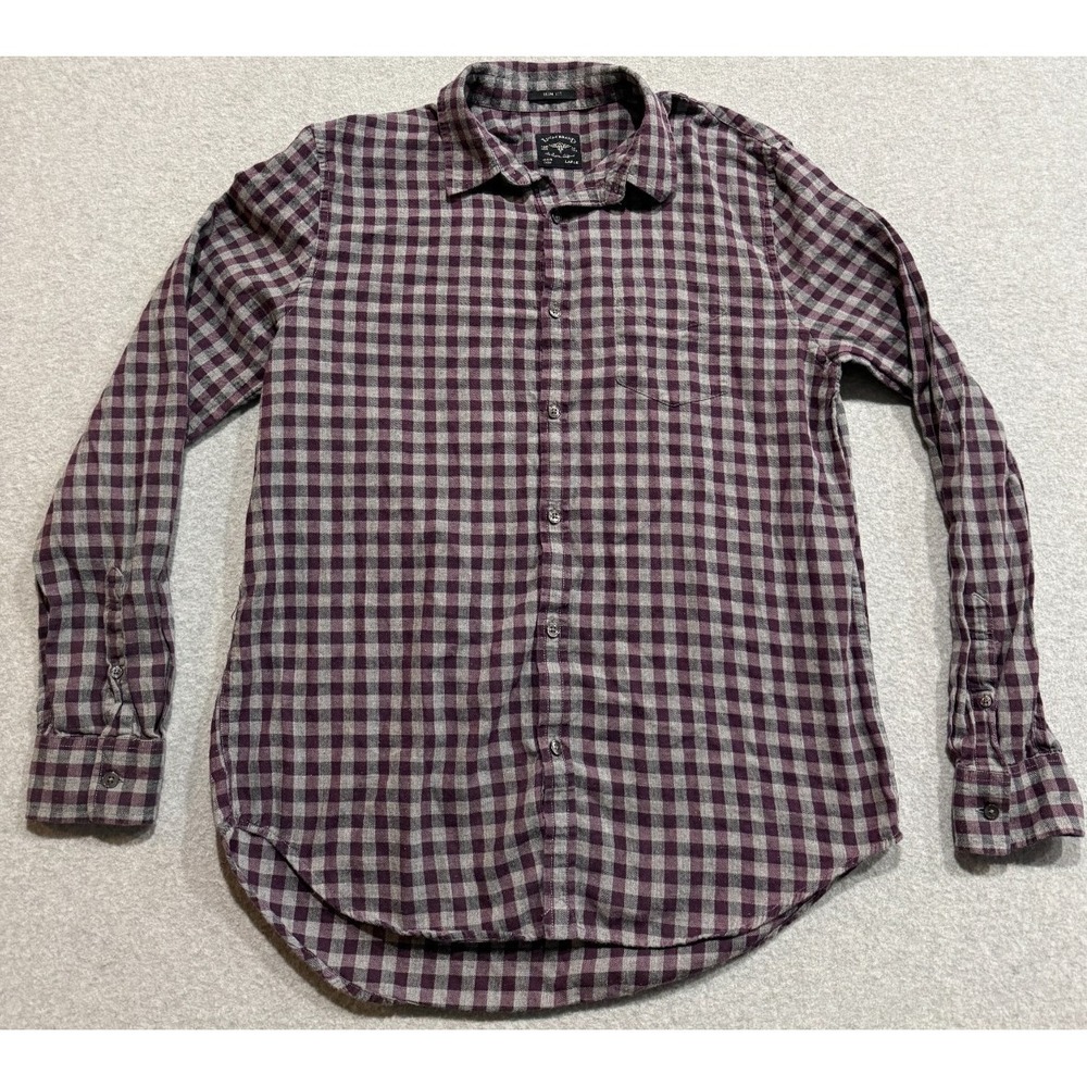 Lucky Brand Mens Flannel Button Up Checkered Gray/Purple Slim Fit Size Large